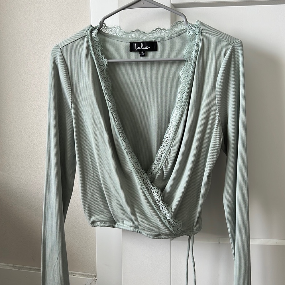 Lulus Sage Green Long Sleeve Top with Lace Small